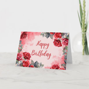 Happy Birthday Watercolor Red Roses Card