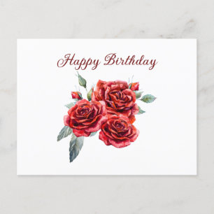 Happy Birthday Watercolor Red Roses Postcard