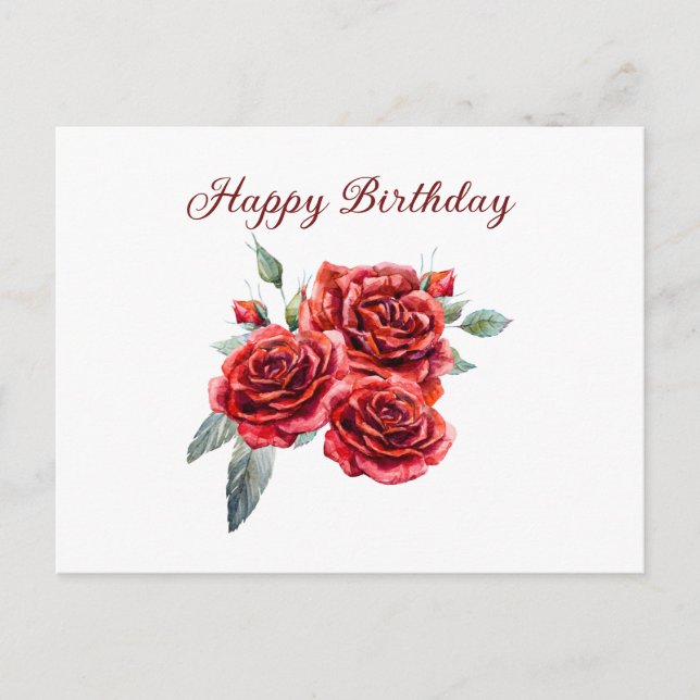 Happy Birthday Watercolor Red Roses  Postcard (Front)