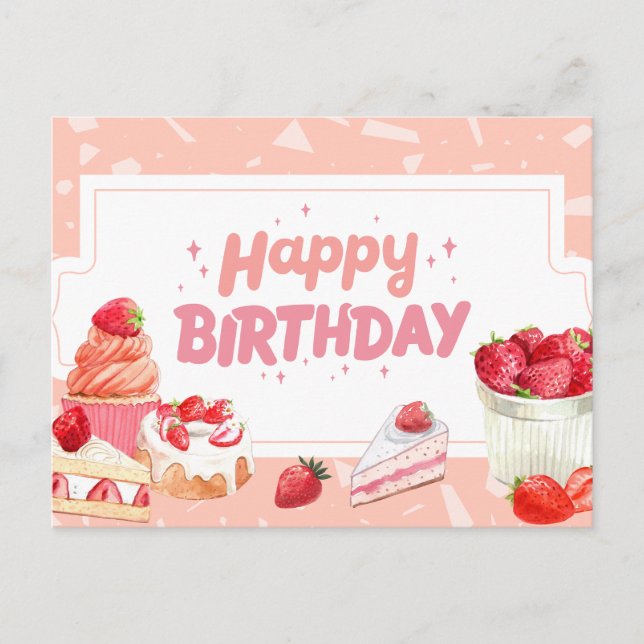 Happy Birthday Watercolor Strawberry Fruit Cakes Postcard (Front)