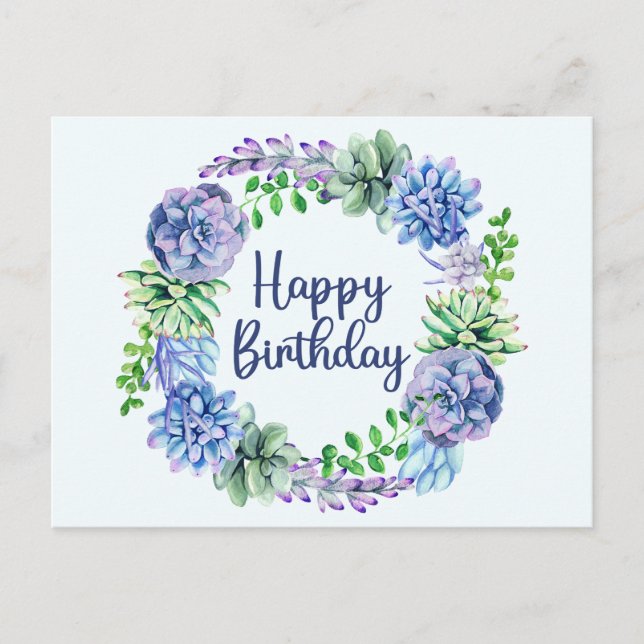 Happy Birthday Watercolor Succulent Plants, Leaves Postcard (Front)