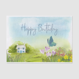 Happy Birthday Watercolor Summer Cottage Tissue Paper