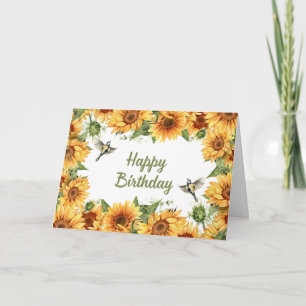 Happy Birthday Watercolor Sunflowers & Birds Card