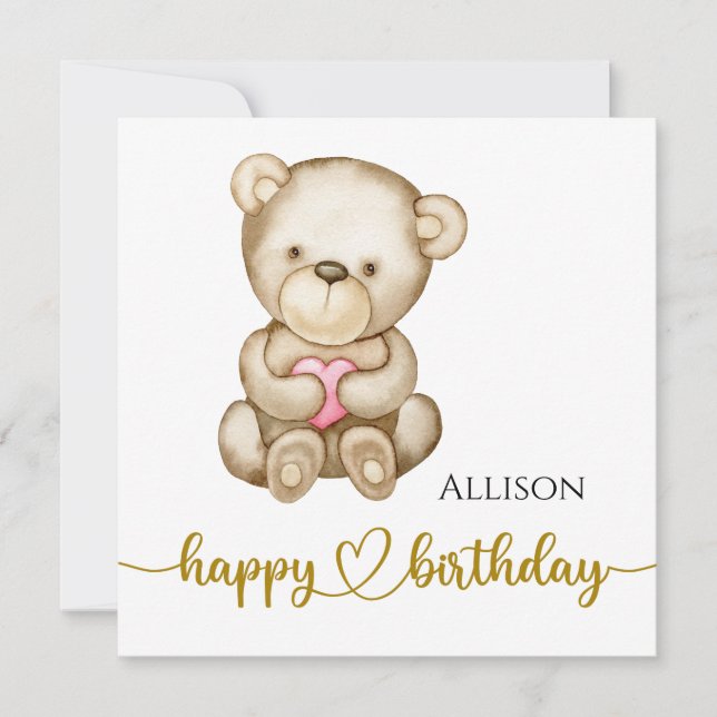Happy Birthday Watercolor Teddy Bear Card (Front)
