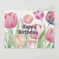 Happy Birthday Watercolor Tulips Abstract Floral