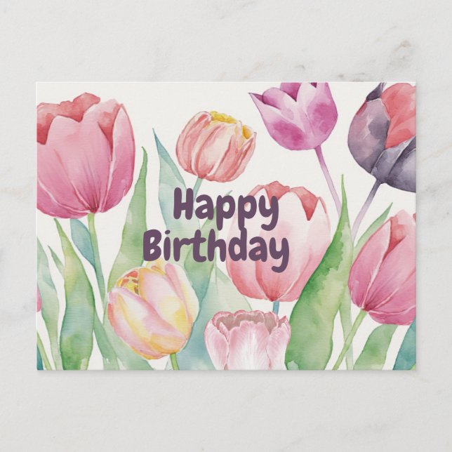 Happy Birthday Watercolor Tulips Abstract Floral Postcard (Front)