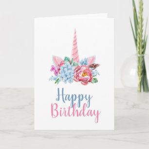 Happy Birthday   Watercolor Unicorn Floral Crown Card