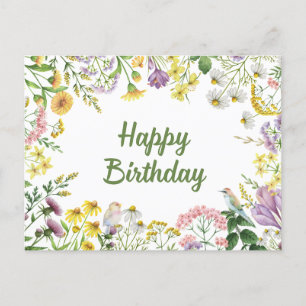 Happy Birthday Watercolor Wildflowers and Birds Postcard