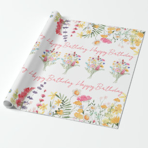 Happy Birthday Watercolor Wildflowers Colorful Wrapping Paper