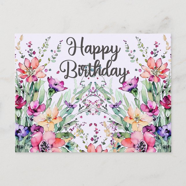 Happy Birthday Watercolor Wildflowers Field Postcard (Front)