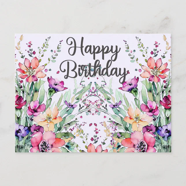Happy Birthday Watercolor Wildflowers Field Postcard | Zazzle
