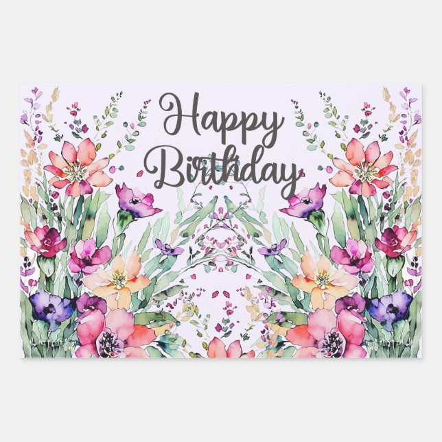 Happy Birthday Watercolor Wildflowers Field Wrapping Paper Sheet (Front)