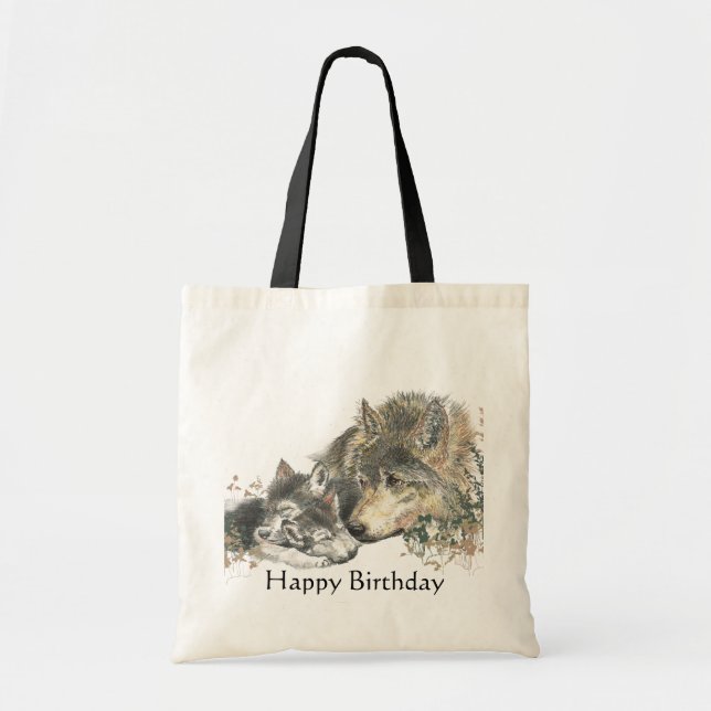 Happy Birthday Watercolor Wolf & Cubs Animal Art Tote Bag (Front)