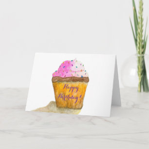 Happy Birthday Watercolors Pink Cupcake, Sprinkles Card