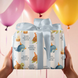 Happy Birthday Whale & Turtle    Nautical Blue  Wrapping Paper
