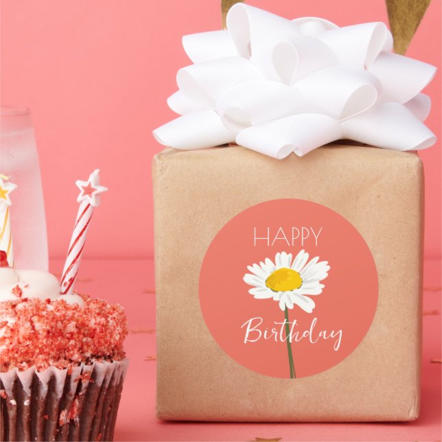 Happy Birthday While Daisy Flower  Classic Round Sticker (Party)
