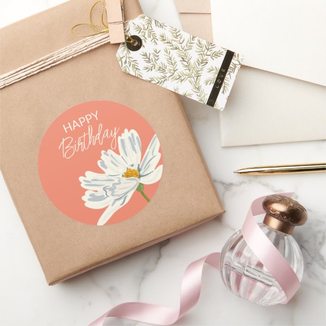Happy Birthday While Summer Artistic Flower  Classic Round Sticker (Gifting)