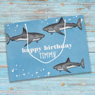 Happy Birthday Whimsical Blue Ocean Sharks Fun Large Gift Bag