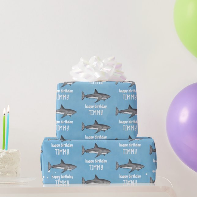 Happy Birthday Whimsical Blue Ocean Sharks Fun Wrapping Paper (Party Gifts)