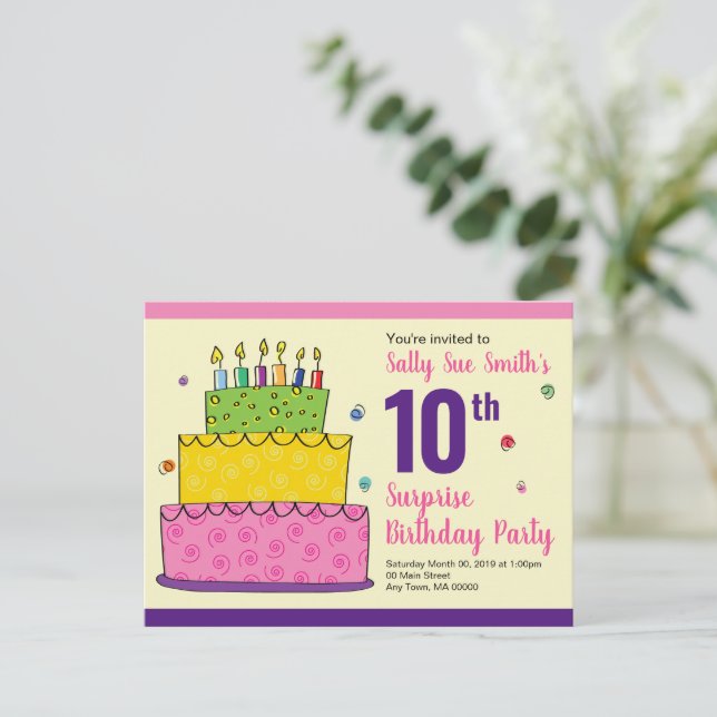 Happy Birthday Whimsical Cake Candle Invitation Postcard (Standing Front)