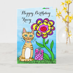 Happy Birthday Whimsical Cat and Flowers Card