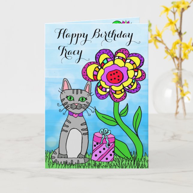 Happy Birthday Whimsical Cat and Flowers Card (Yellow Flower)