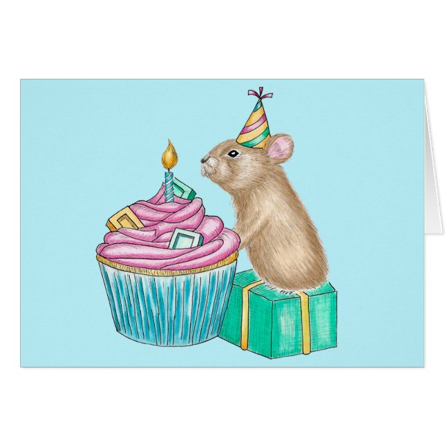 Happy Birthday Whimsical Cupcake Pika Illustration (Front Horizontal)