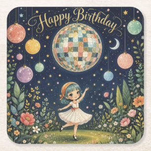 Happy Birthday Whimsical Disco Ball Girl Square Paper Coaster