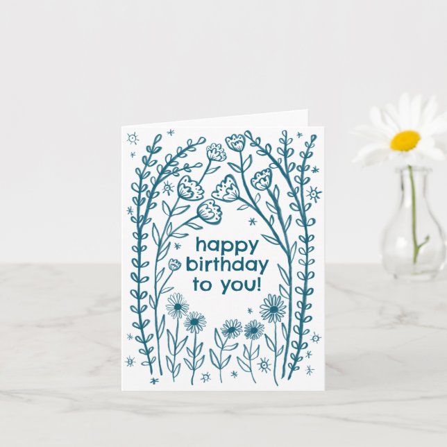 Happy Birthday Whimsical Floral Sketch Doodle  Card (Small Plant)