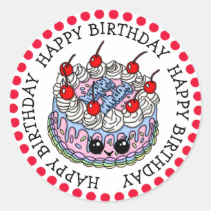 Happy Birthday Whimsical Hand drawn Cake  Classic Round Sticker