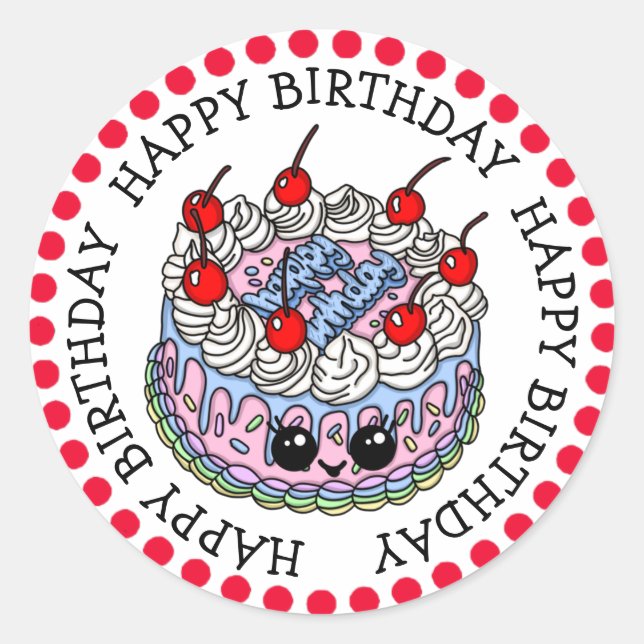 Happy Birthday Whimsical Hand drawn Cake  Classic Round Sticker (Front)
