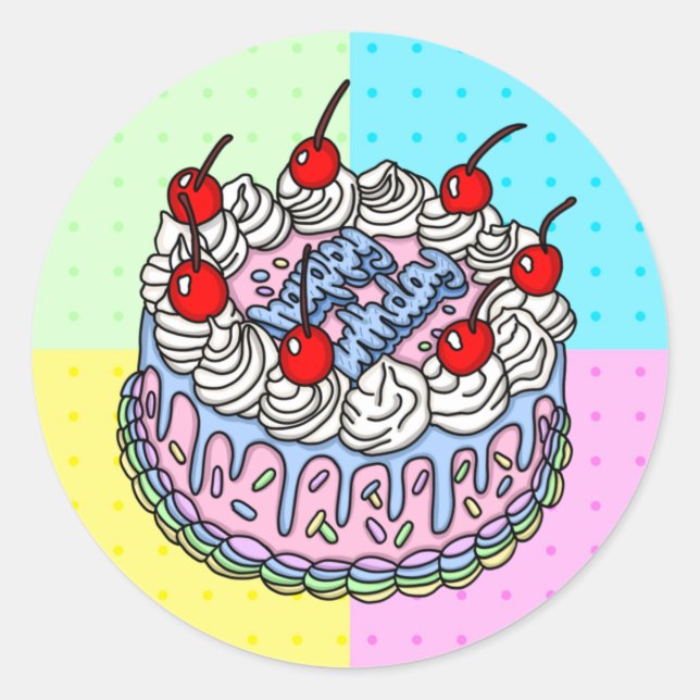 Happy Birthday Whimsical Hand drawn Cake Classic Round Sticker (Front)