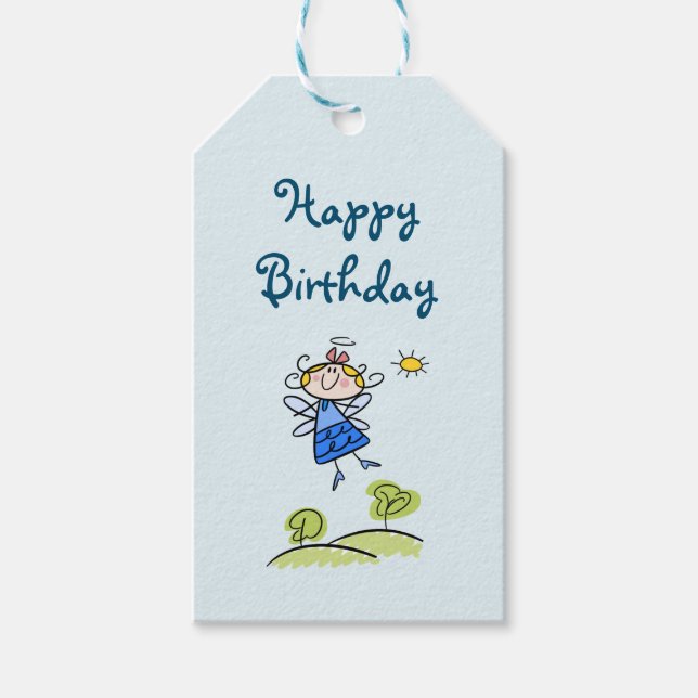 Happy Birthday Whimsical Happy Flying Angel Fairy Gift Tags (Front)
