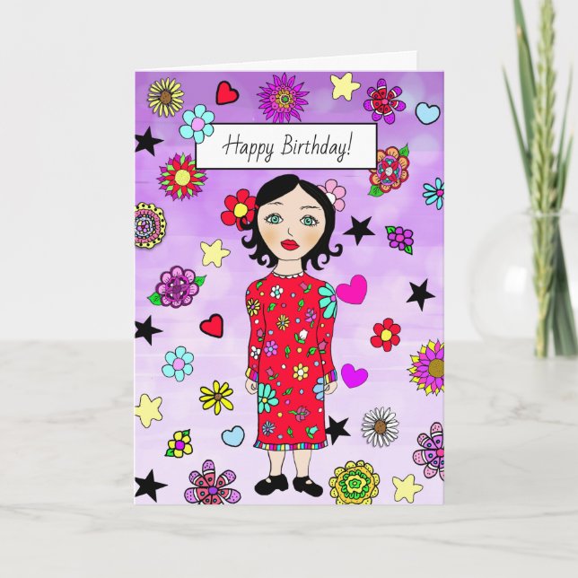 Happy Birthday Whimsical Lady with Flowers Card (Front)