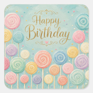 Happy Birthday Whimsical Watercolor Lollipops Square Sticker