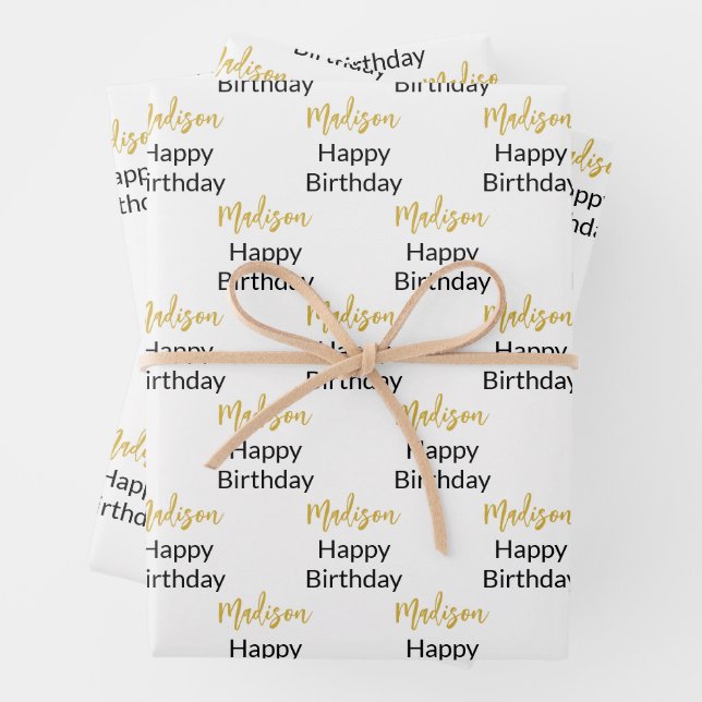 Happy Birthday White Black and Gold Script Name Wrapping Paper Sheet (In situ)