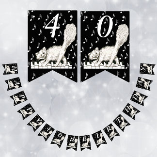 Happy Birthday White Cat on Piano Keys Music Notes Bunting