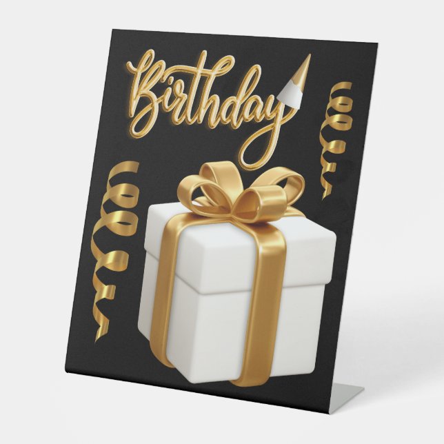 Happy Birthday White Gold Pedestal Sign (Front)