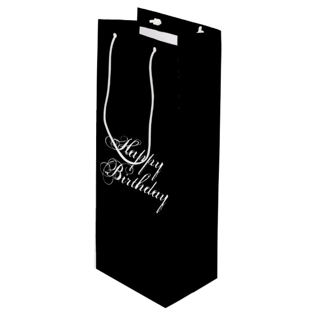 "Happy Birthday" white letters, black Wine Gift Bag (Front Angled)