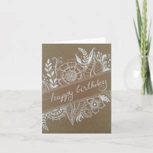 Happy birthday White on Brown flower design-blank Card