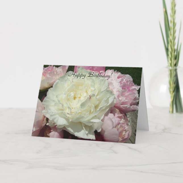Happy Birthday White Pink Peonies / Pink Peony Car Card (Front)