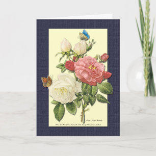 Happy Birthday White Red Roses Botanical Art Card