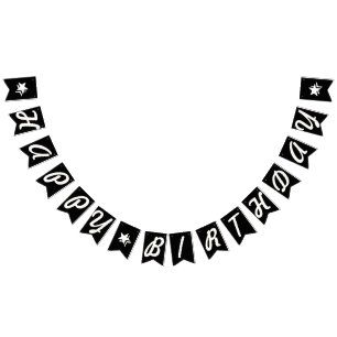 HAPPY BIRTHDAY ☆ WHITE SCRIPT TEXT ON BLACK BUNTING 