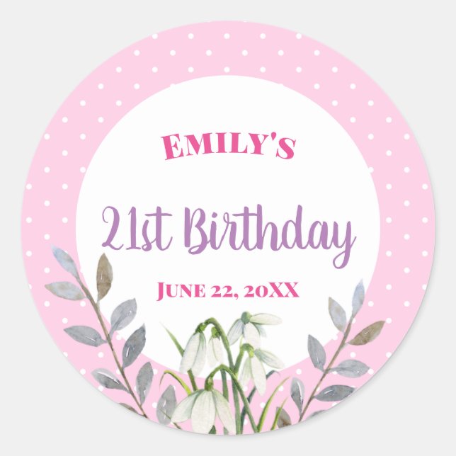 Happy Birthday White Snowdrops Pink Polka Dot Classic Round Sticker (Front)