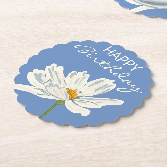 Happy Birthday White Summer Artistic Flower  Paper Coaster (Angled)