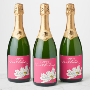 Happy Birthday White Summer Artistic Flower  Sparkling Wine Label