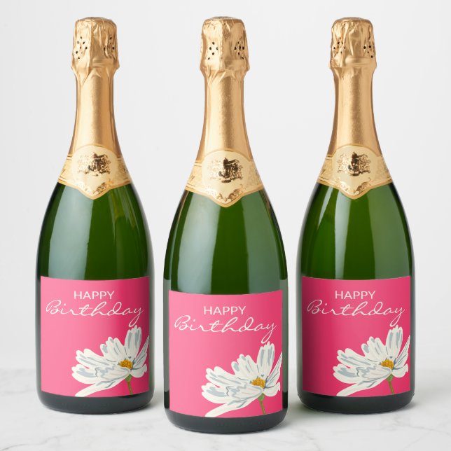 Happy Birthday White Summer Artistic Flower  Sparkling Wine Label (Bottles)