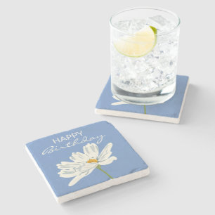 Happy Birthday White Summer Artistic Flower  Stone Coaster