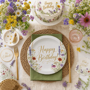 Happy Birthday Wild Flowers Botanical Floral Paper Plate