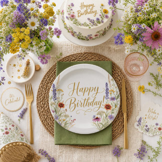 Happy Birthday Wild Flowers Botanical Floral  Paper Plate